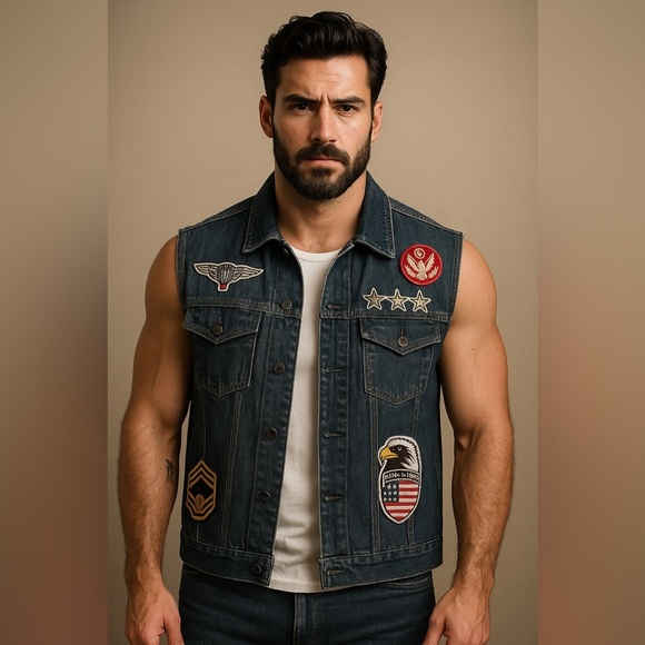 NWOT Ring of Fire Denim Vest Jacket – Military Patch Biker Style – Size L - Picture 9 of 9